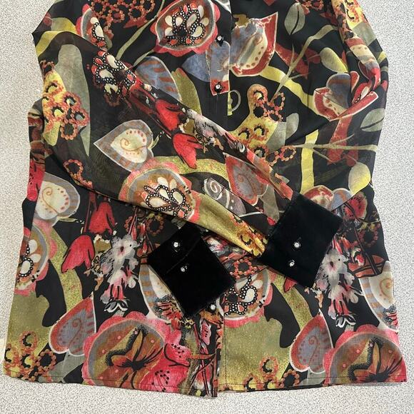 J Peterman Sz 8 Chiffon Abstract Print Button Up Blouse Rhinestones Velvet Trim - Picture 7 of 10